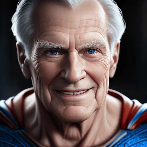 AI generated: photograph close up portrait 85-year-old Superman, clean shaven, kindly smiling at camera, stoic cin...