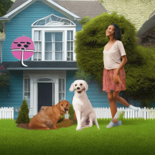 AI generated: House with person in front with a dog and a cat next to them. The house has a big sign that says "FO...