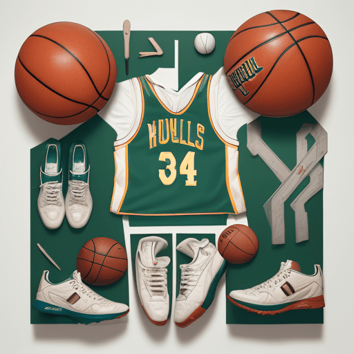 AI generated: a flat lay photography of vintage basketball outfit knolling :: Wes Anderson color palette, studio l...
