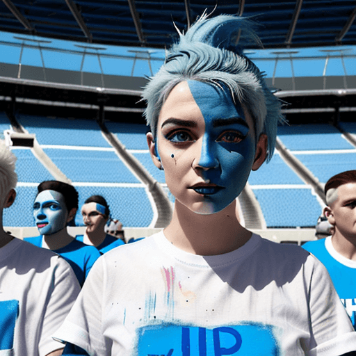AI generated: a group of people with different  painted face and blue hair in front of a crowd of people in blue s...