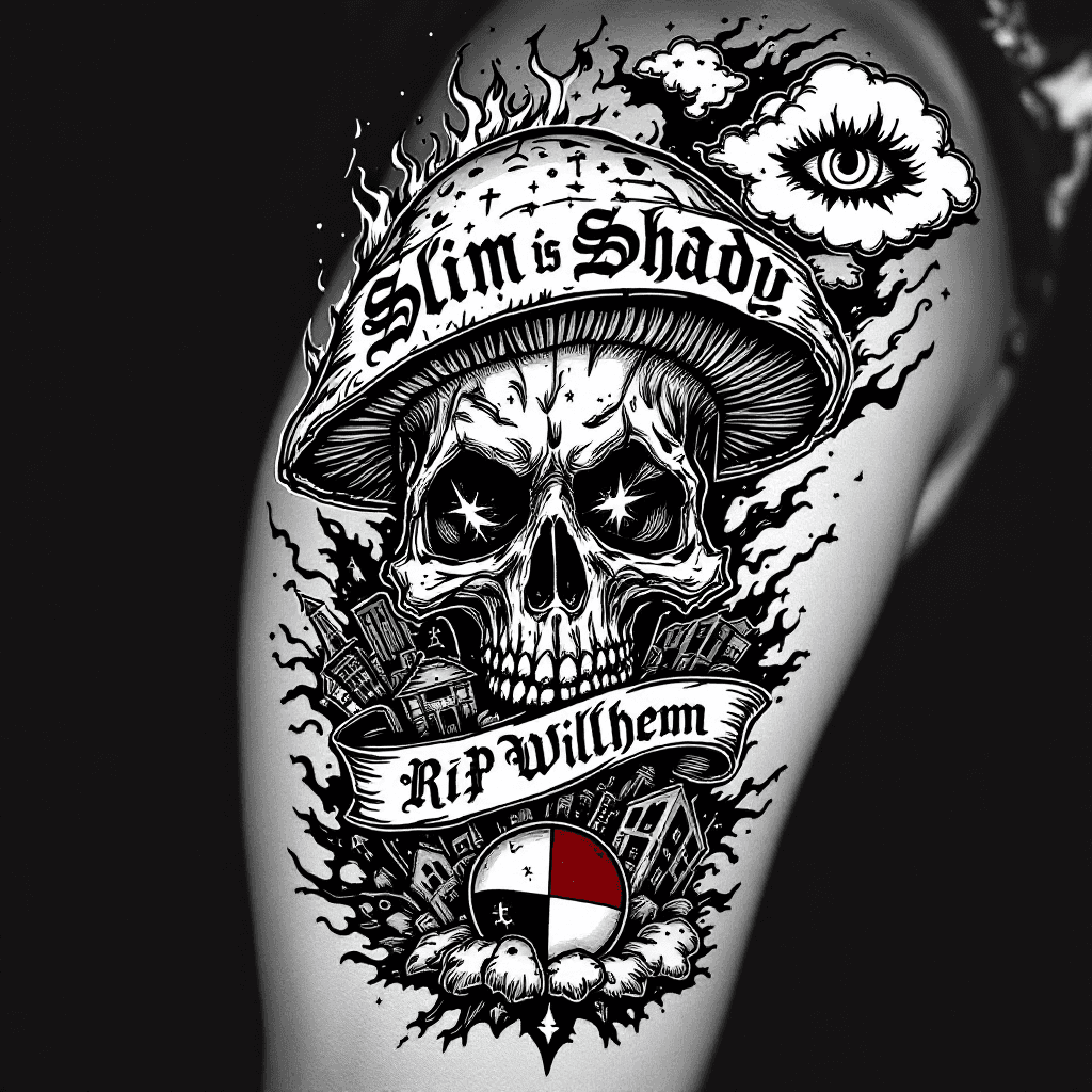 AI generated: black and grey tattoo design in the style of Eminem’s Slim Shady upper arm tattoo (left arm) with th...