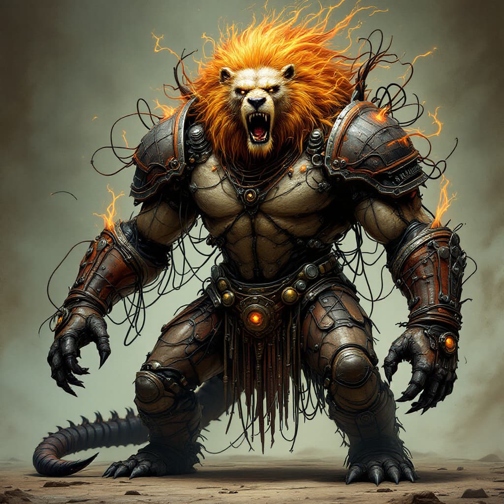 AI generated: A terrifying and intelligent humanoid chimera, a combination of multiple powerful animals. Its body ...