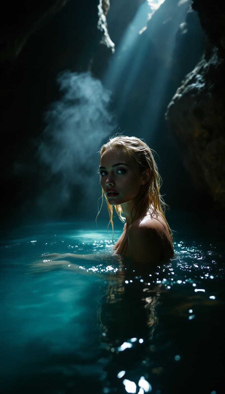 AI generated: hot spring inside a dimly lit cave, steam rises from the water, a woman with long wet blonde hair sw...