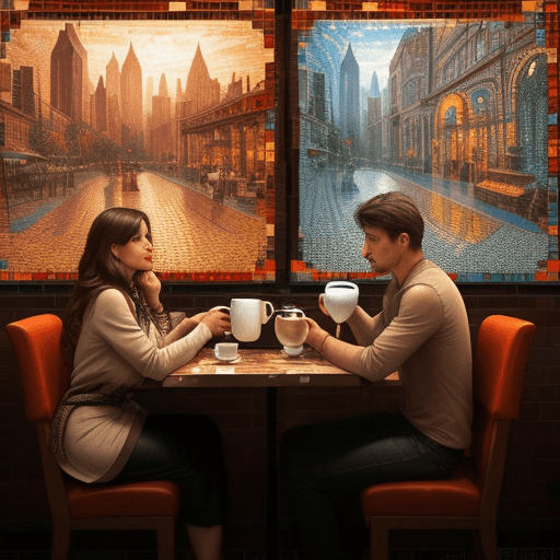 AI generated: A man and a woman are drinking coffee in a coffee shop, the background of the whole picture is fille...
