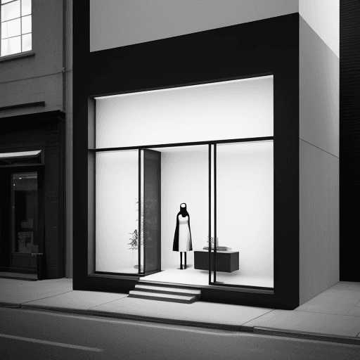 AI generated: minimalist store exterior, at dusk, the architecture should feature clean lines with a sophisticated...