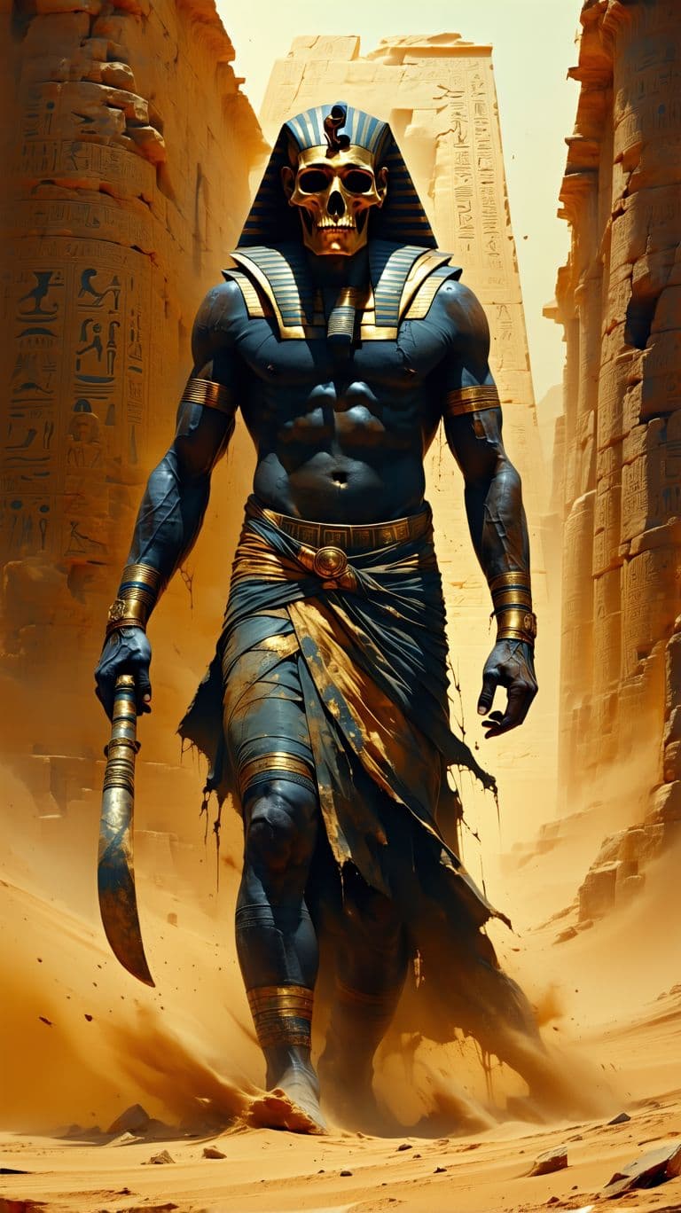 AI generated: "A towering, mummified pharaoh wrapped in ancient, bloodstained bandages walks forward with unnatura...