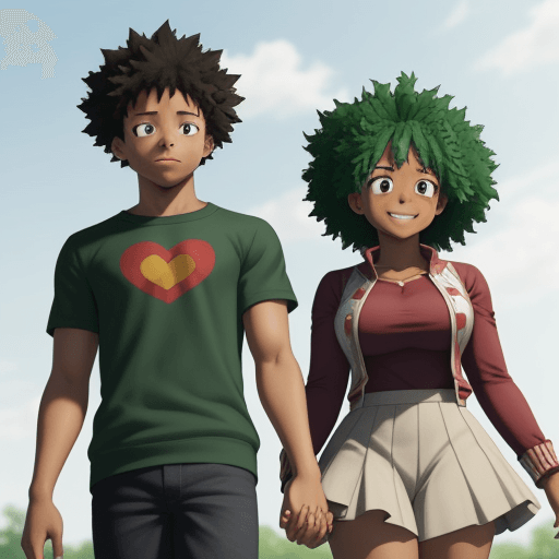 AI generated: beautiful african american girl and Izuku Midoriya holding hands, Boku no Hero Academia, HD, ultra r...