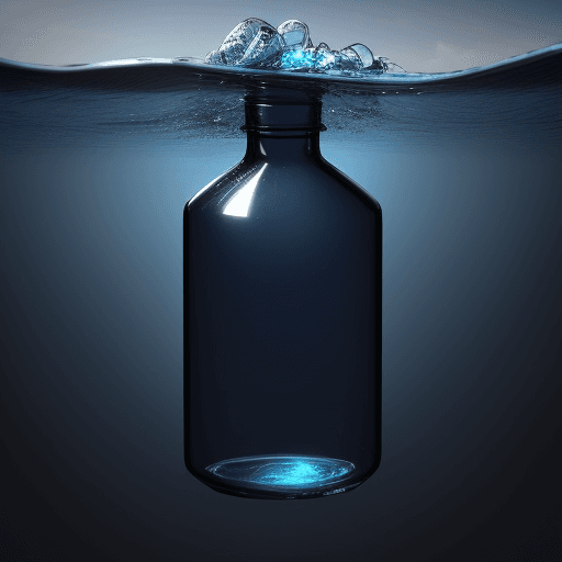 AI generated: image of a dark blue transparent bottle, floating on the sea.