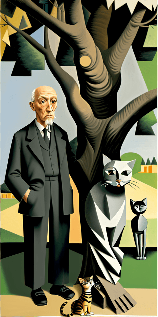 AI generated: Full height side view Portrait of an old man Pablo Picasso standing near a tree and looking at the s...