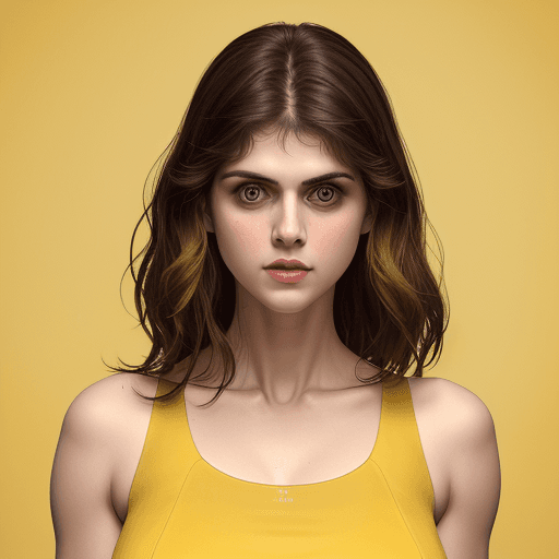 AI generated: photography, upper body, yellow hue, Alexandra Daddario, solid yellow backdrop, 