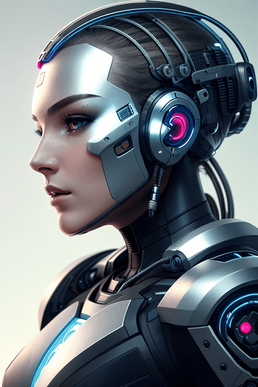 AI generated: a beautiful profile woman android face, cyborg, robot, silver helmet, full body, sitting, robotic pa...