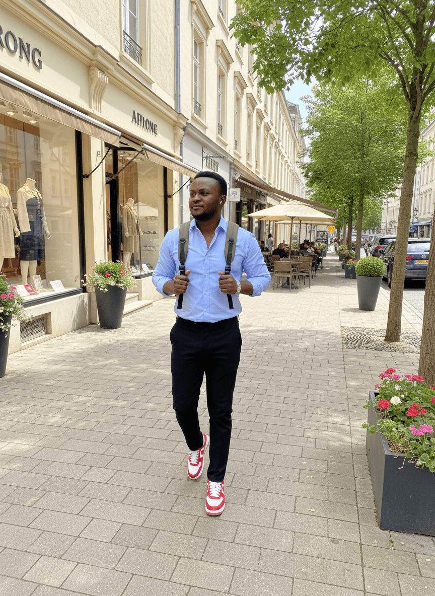 AI generated: The Hispanic male is 5'1" tall, he is walking on the sidewalk next to boutiques and restaurants in a...