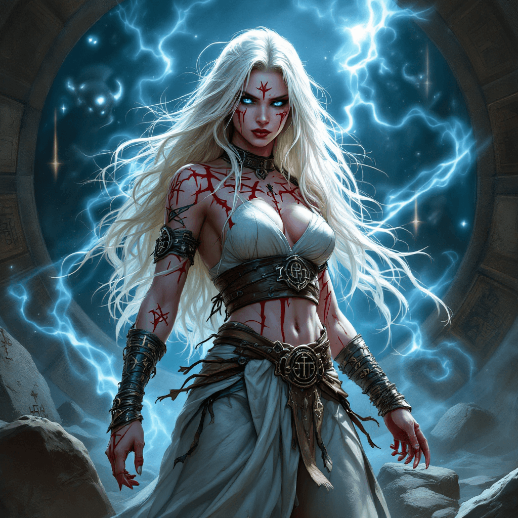 AI generated: 8. The Bloodmarked Runecaster: A powerful sorceress with long, platinum blonde hair that seems to fl...