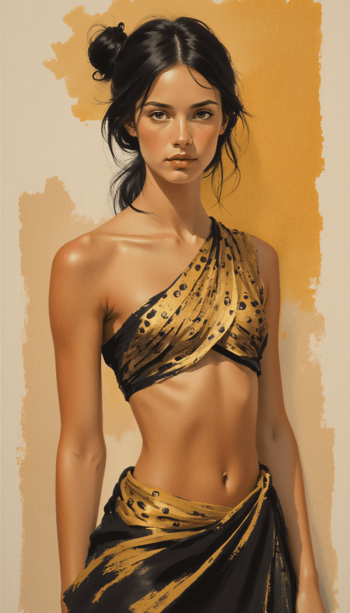 AI generated: Art deco geometric painting with architectural brush application of an athletic female figure, weari...