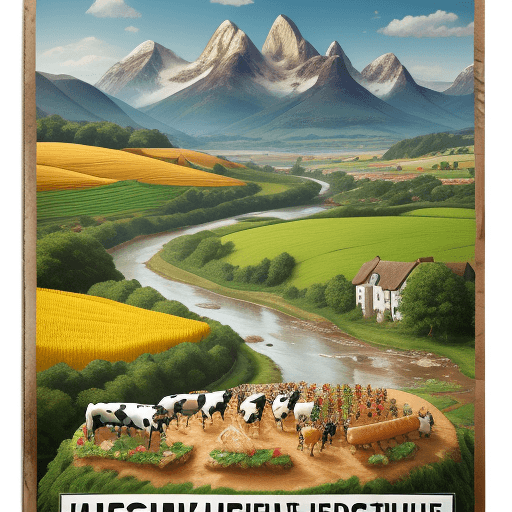 AI generated: Poster with the theme of culinary adventure. Creamy vegetation in the background forms mountains, ri...