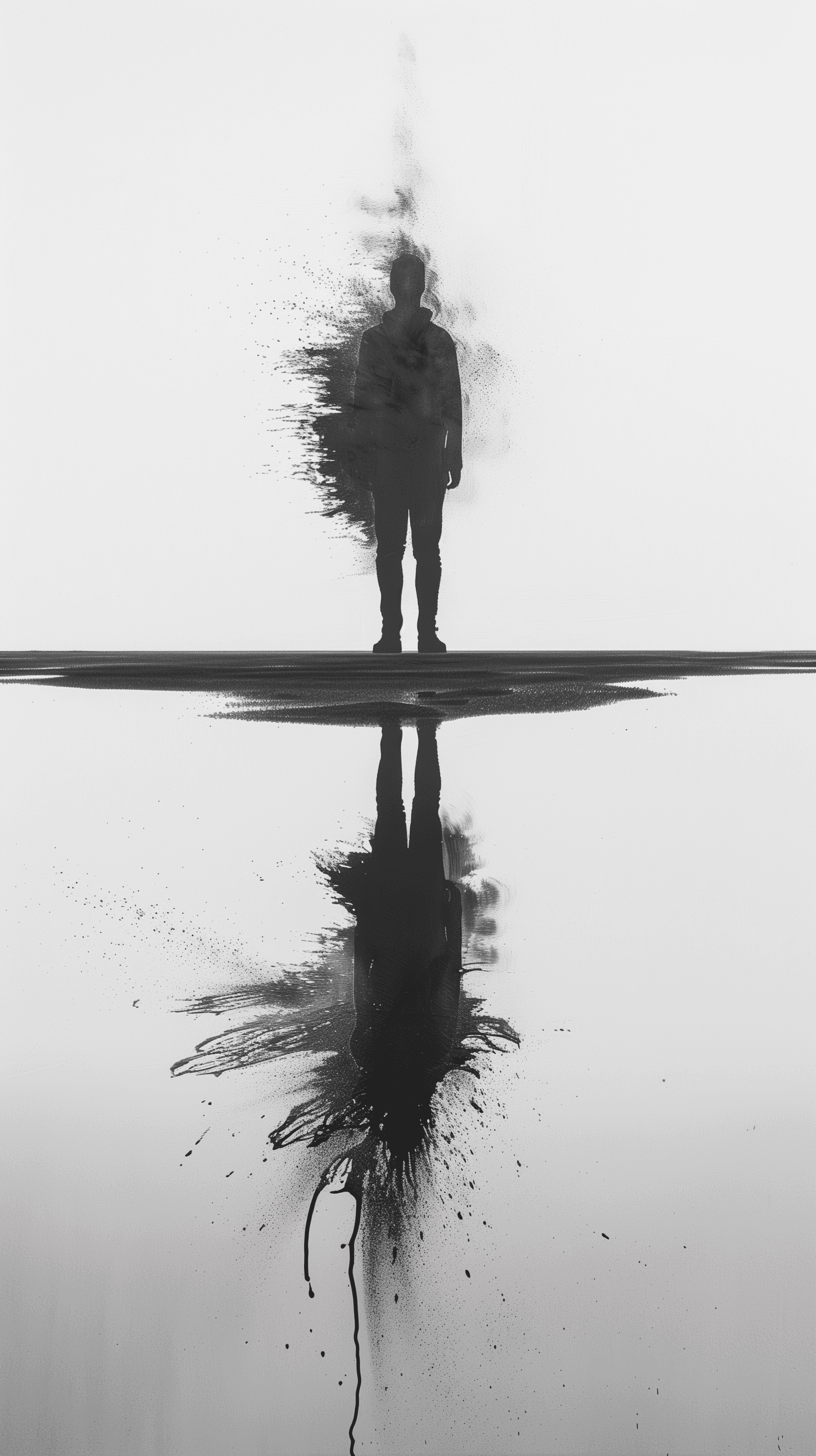 AI generated: lone figure standing at the edge of a still water body, perfectly reflected below, the reflected fig...