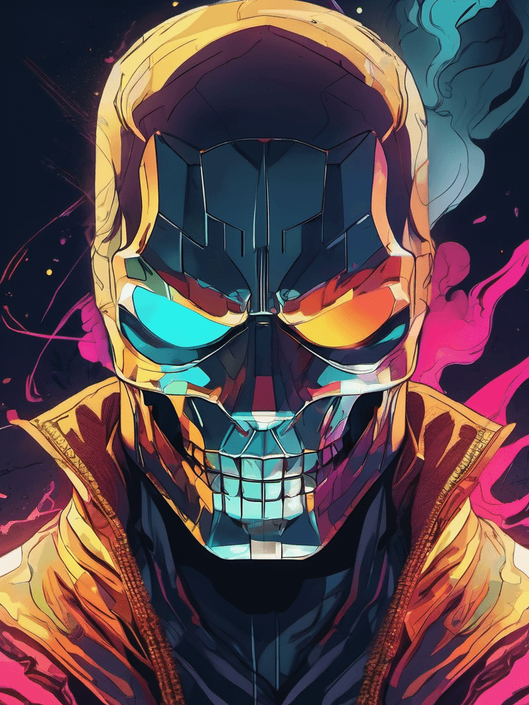 AI generated: portrait of a badass supervillain in skeleton mask, brutal, techno, light colors, smoke, anime, in t...