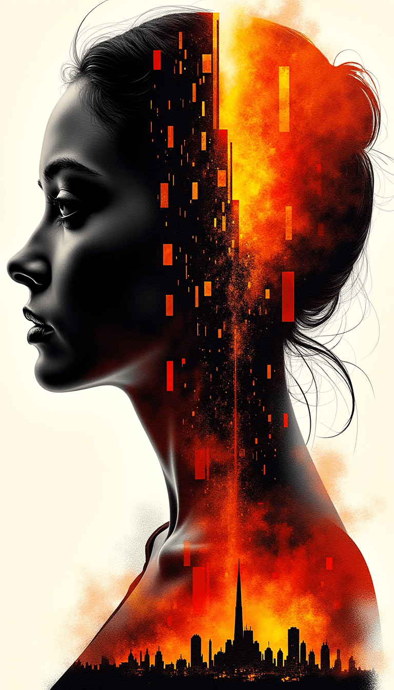 AI generated: Abstract style dystopian future with elements of an apocalyptic war inside the silhouette of a woman...