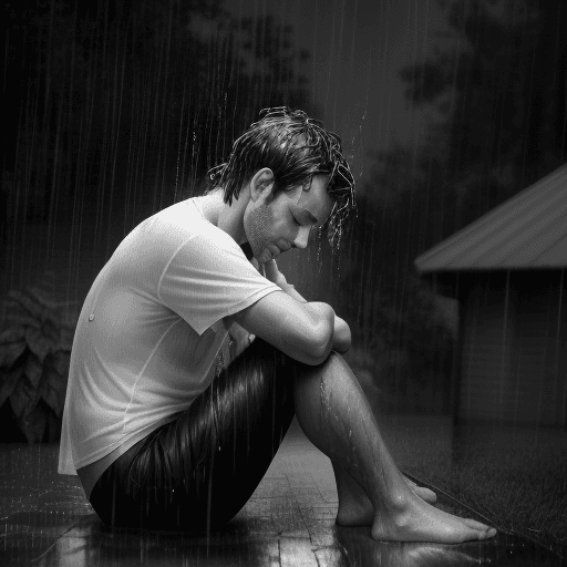 AI generated: 3/4 shot, black and white photograph, a man, side view, sitting on the ground in her backyard during...