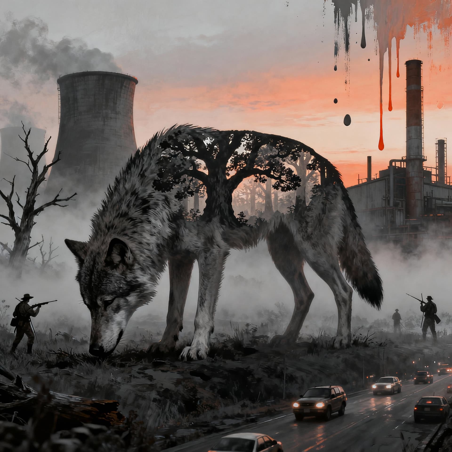 AI generated: Sad wolf, head down, tail lowered, inside the wolf silhouette, outline of a majestic oak forest with...