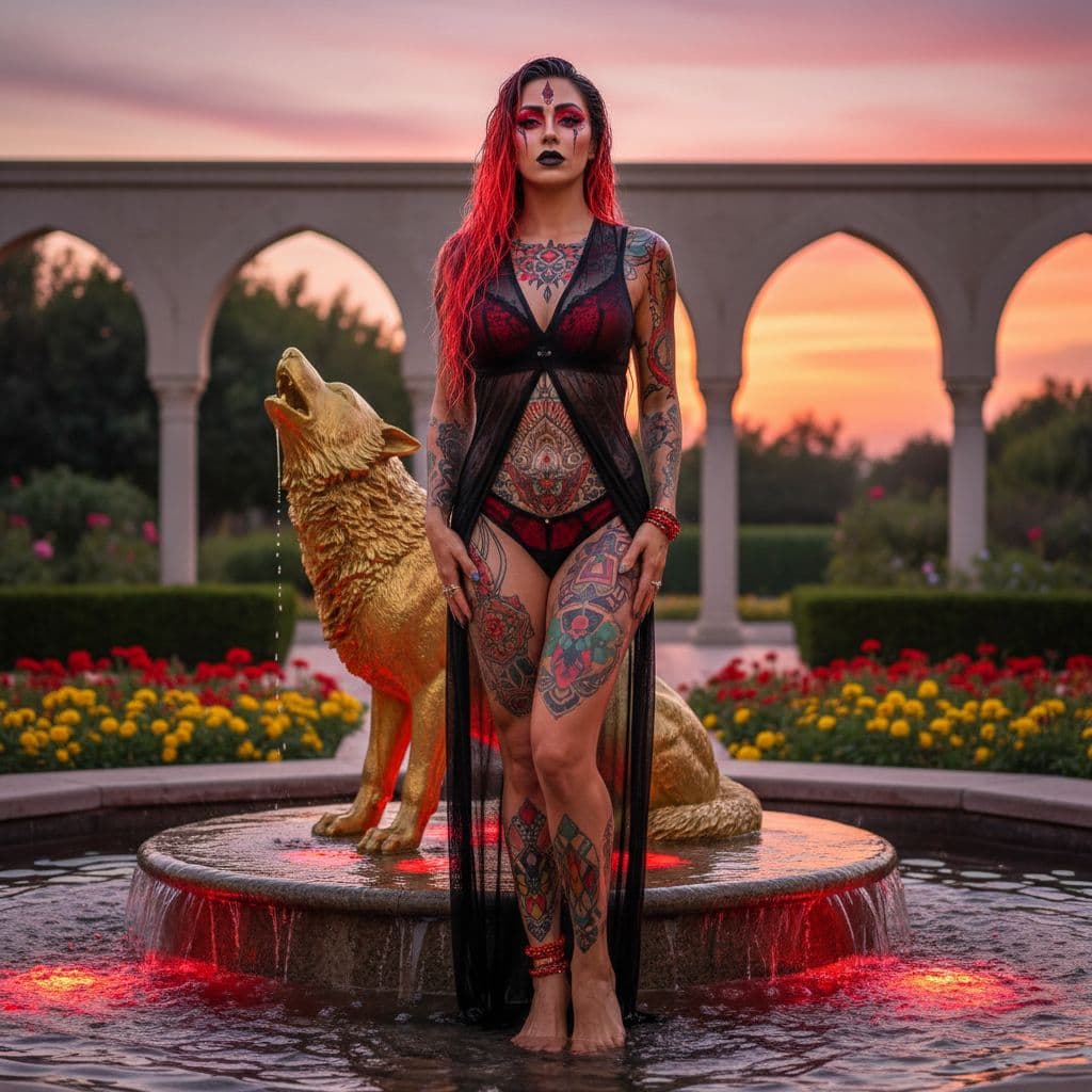 AI generated: A realistic, full body photo of a fit, perfect hour glass body, Middle Eastern, female with neon red...