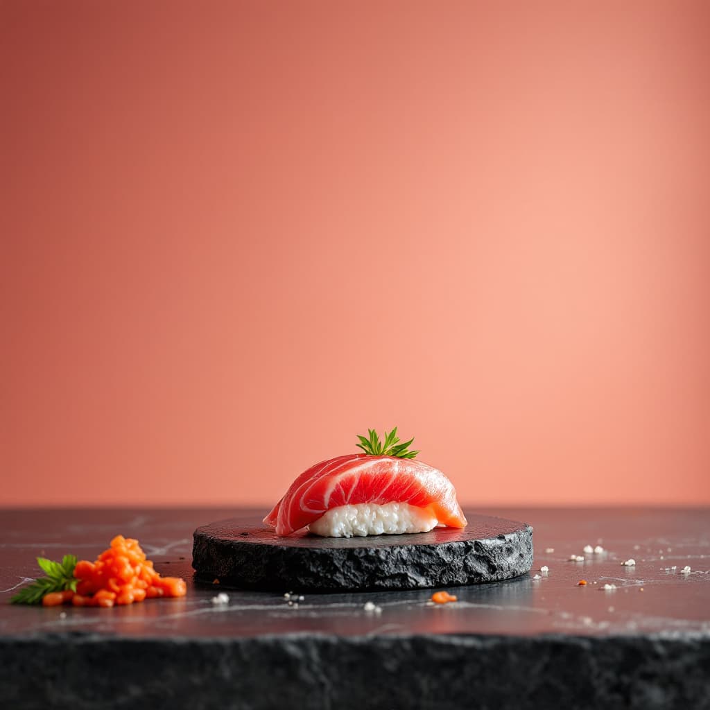 AI generated: single tuna sushi on the stone dark table in the loft style room with solid hue background, high qua...