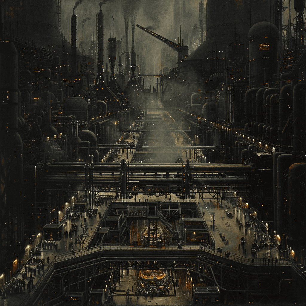 AI generated: a huge industrial factory, massive machines, pipes, scaffolding, heavy machinery, a giant mechanical...
