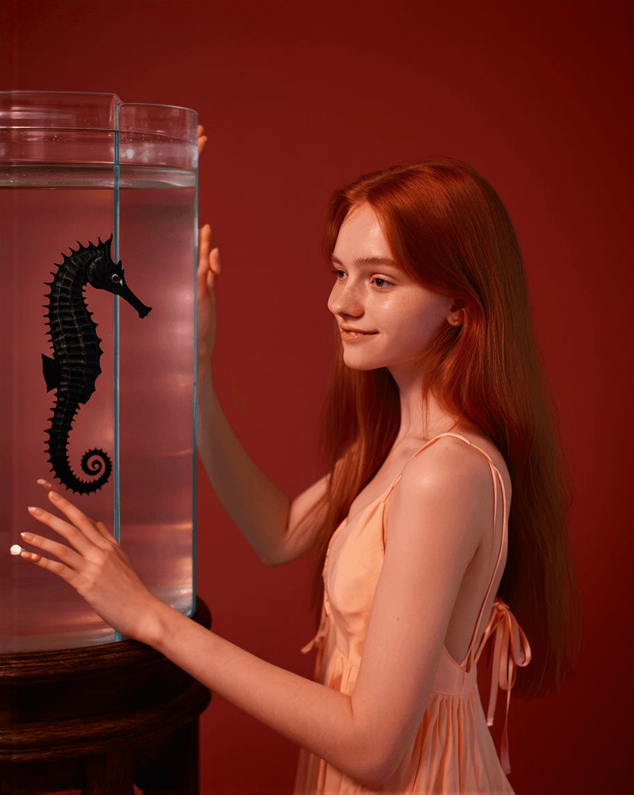 AI generated: A young, light-skinned woman, likely in her late teens or early twenties, is depicted close to a gla...