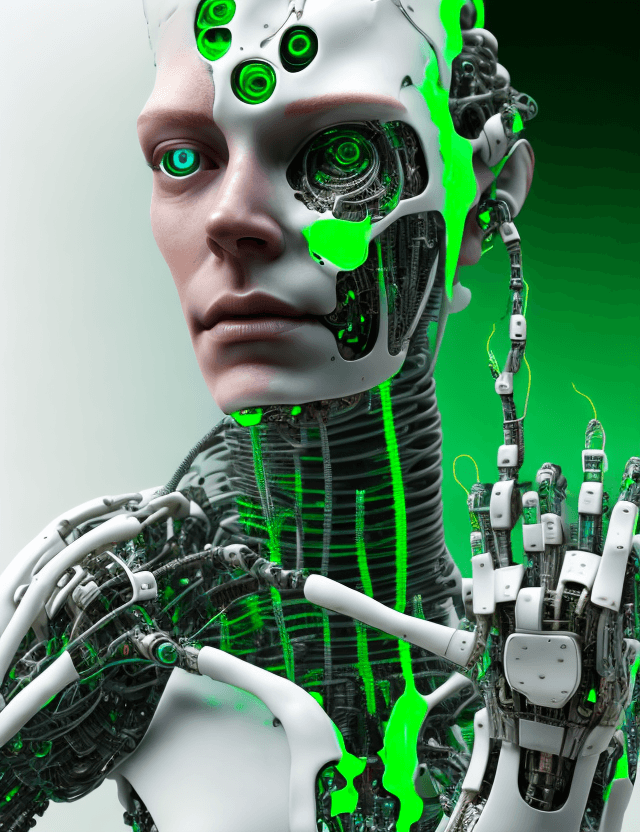 AI generated: Half cyborg, front-left view, left cyborg hand full with wires, left cyborg foot, human chest and be...