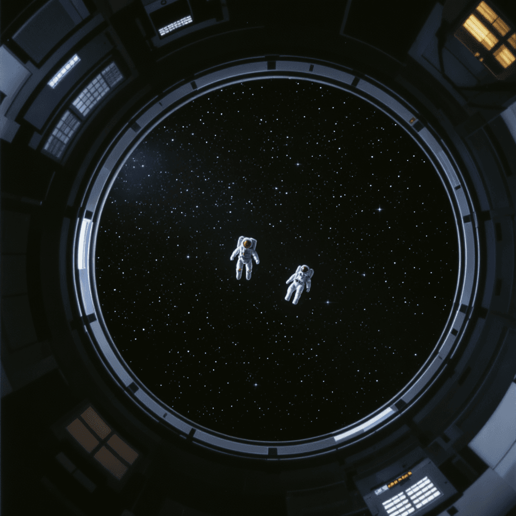 AI generated: 80s movie still of the interior view from above, looking down at two astronauts floating in zero gra...