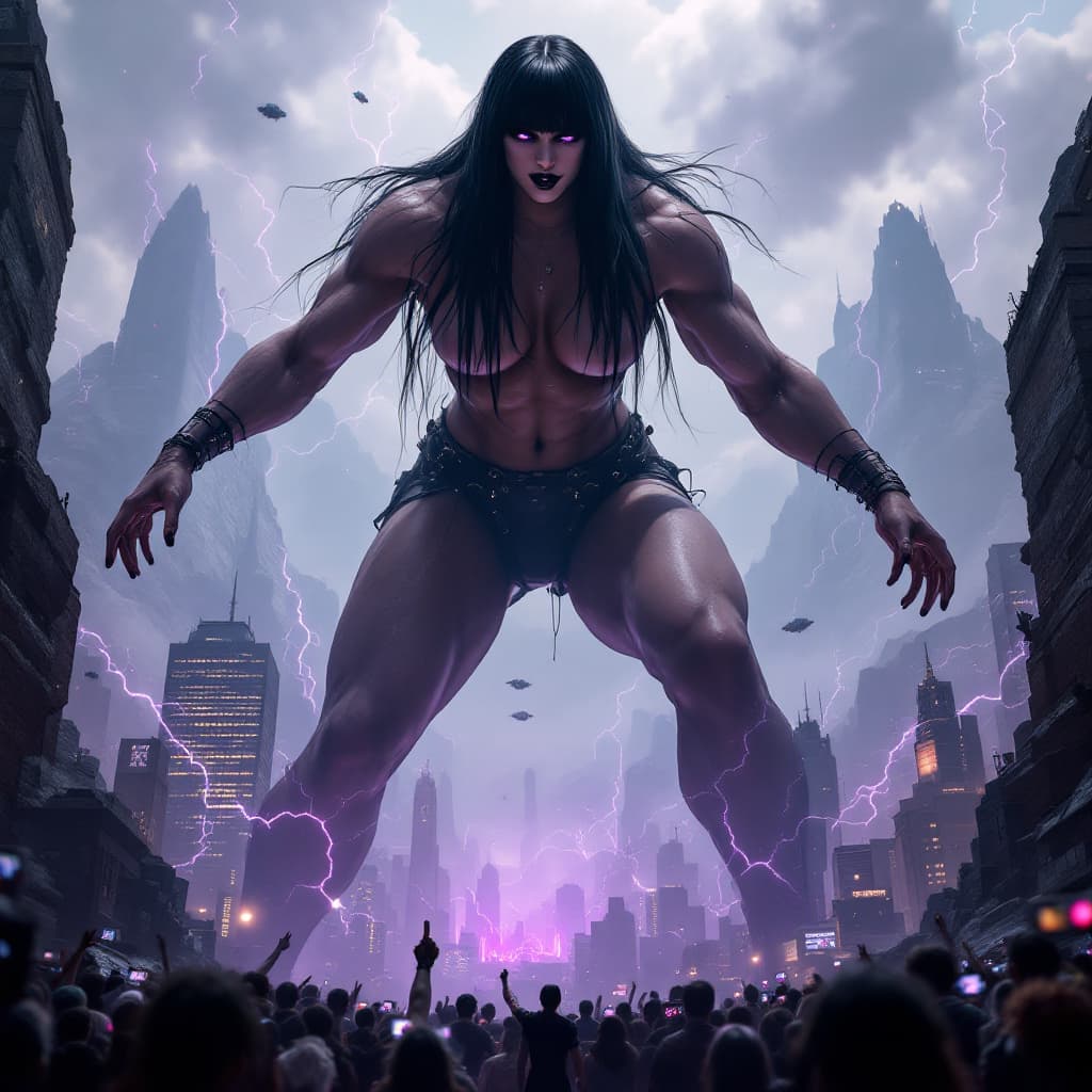 AI generated: enormous giantess female who looks exactly like WWE superstar 
 Rhea Ripley with black medium length...