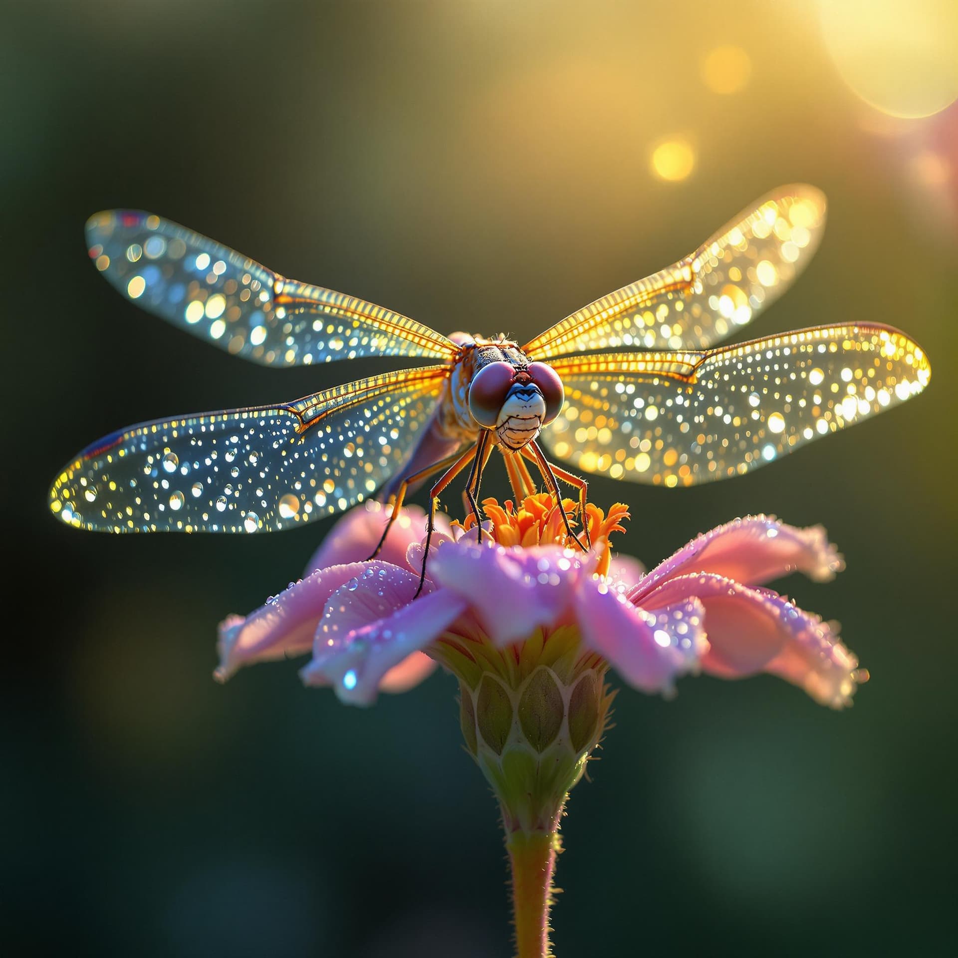 AI generated: macro photography, dragonfly, on a flower, life-size, dew drop, sunbeam, in HD quality, high perform...
