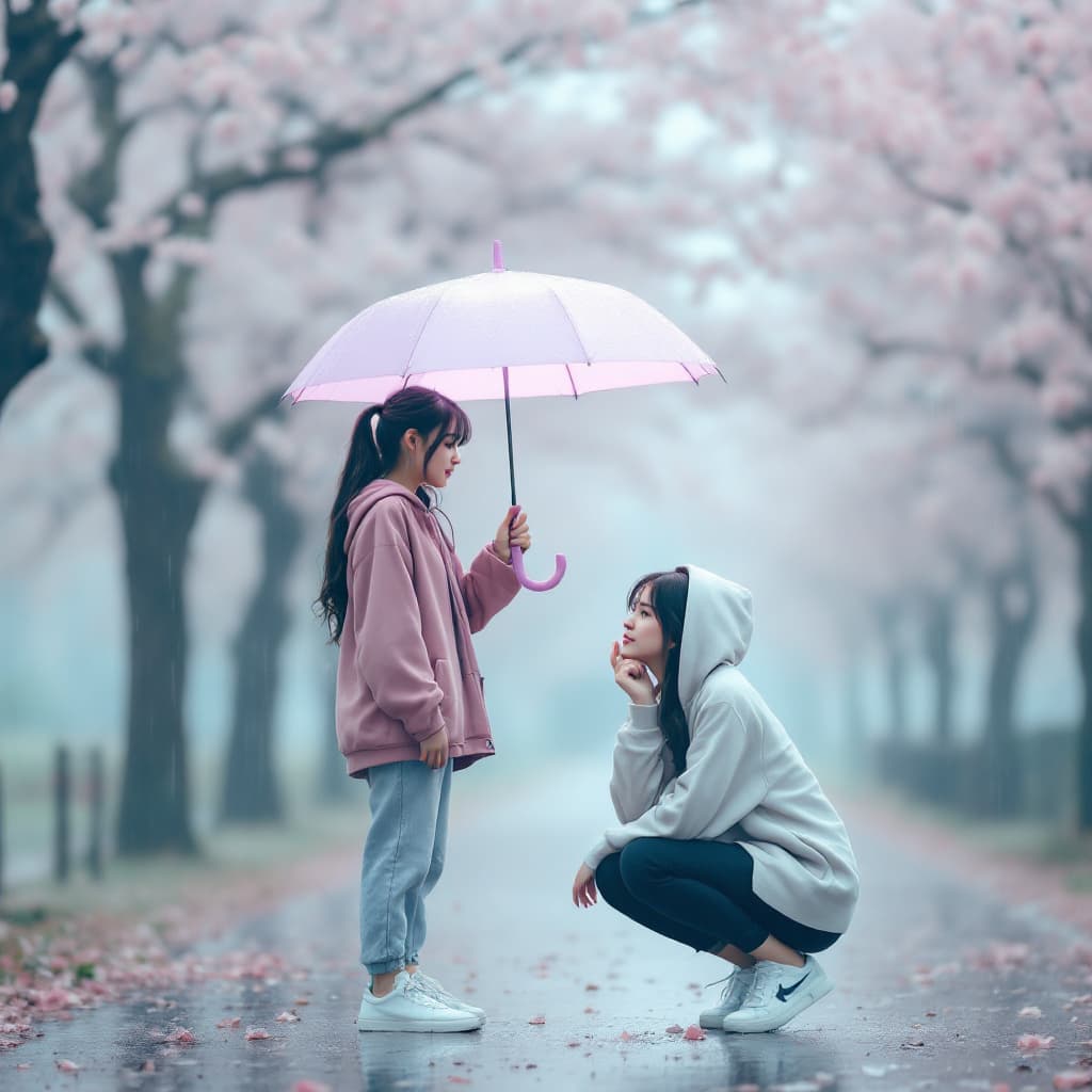 AI generated:   a serene scene with a 1 young woman and 1 young woman in the rain. The young woman stands, holding...