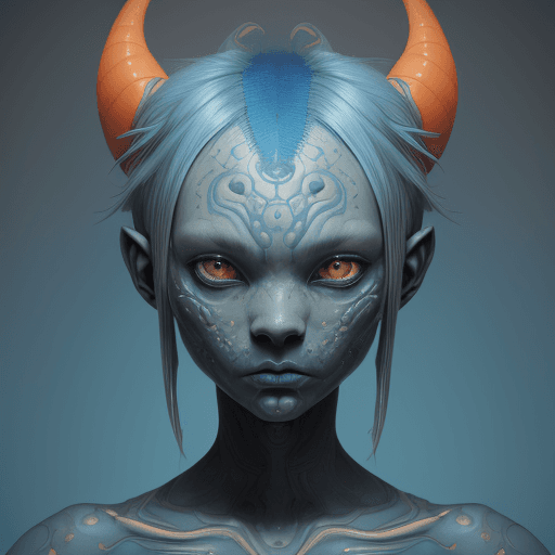 AI generated: alien with blue hair by theo el, in the style of balanced symmetry, light orange and cyan, detailed ...