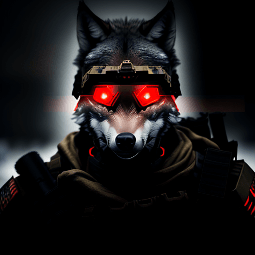AI generated: male wolf soldier, wearing spec ops loadout and red NVG on face, reflection mapping, realistic figur...