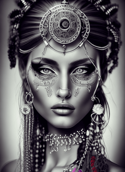 AI generated: a centered photograph of a stunning gypsy fashion model, highly detailed, hyper-realistic, hi-end, l...