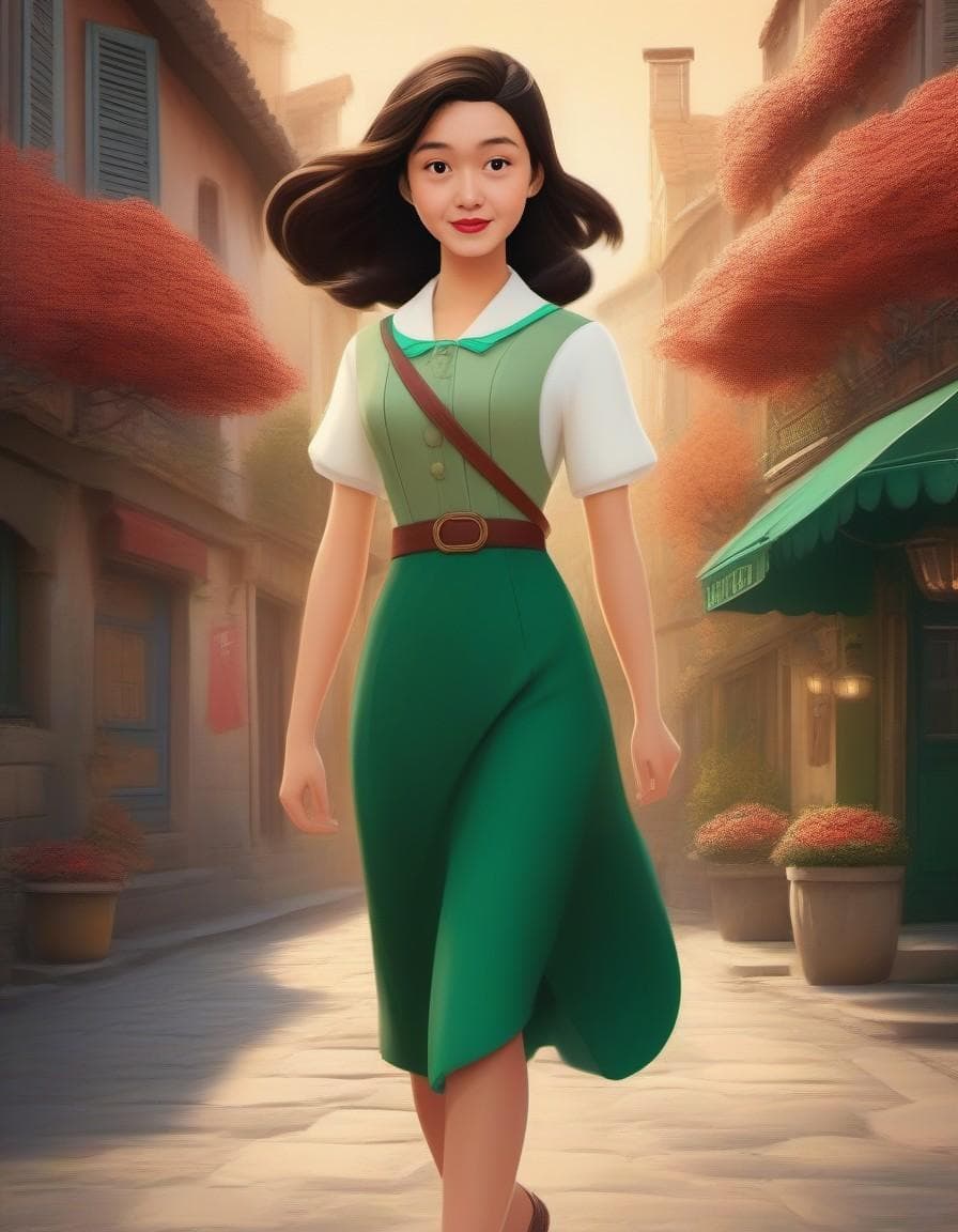AI generated: an illustration of a girl walking down a street, in the style of disney animation, pre-world war ii ...