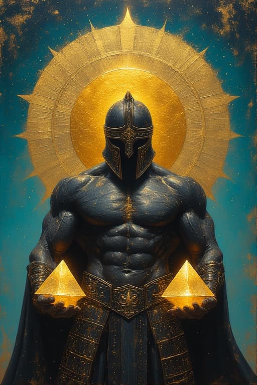 AI generated: Divine dark warrior standing under a radiant golden sun, holding glowing crystal pyramids in both ha...