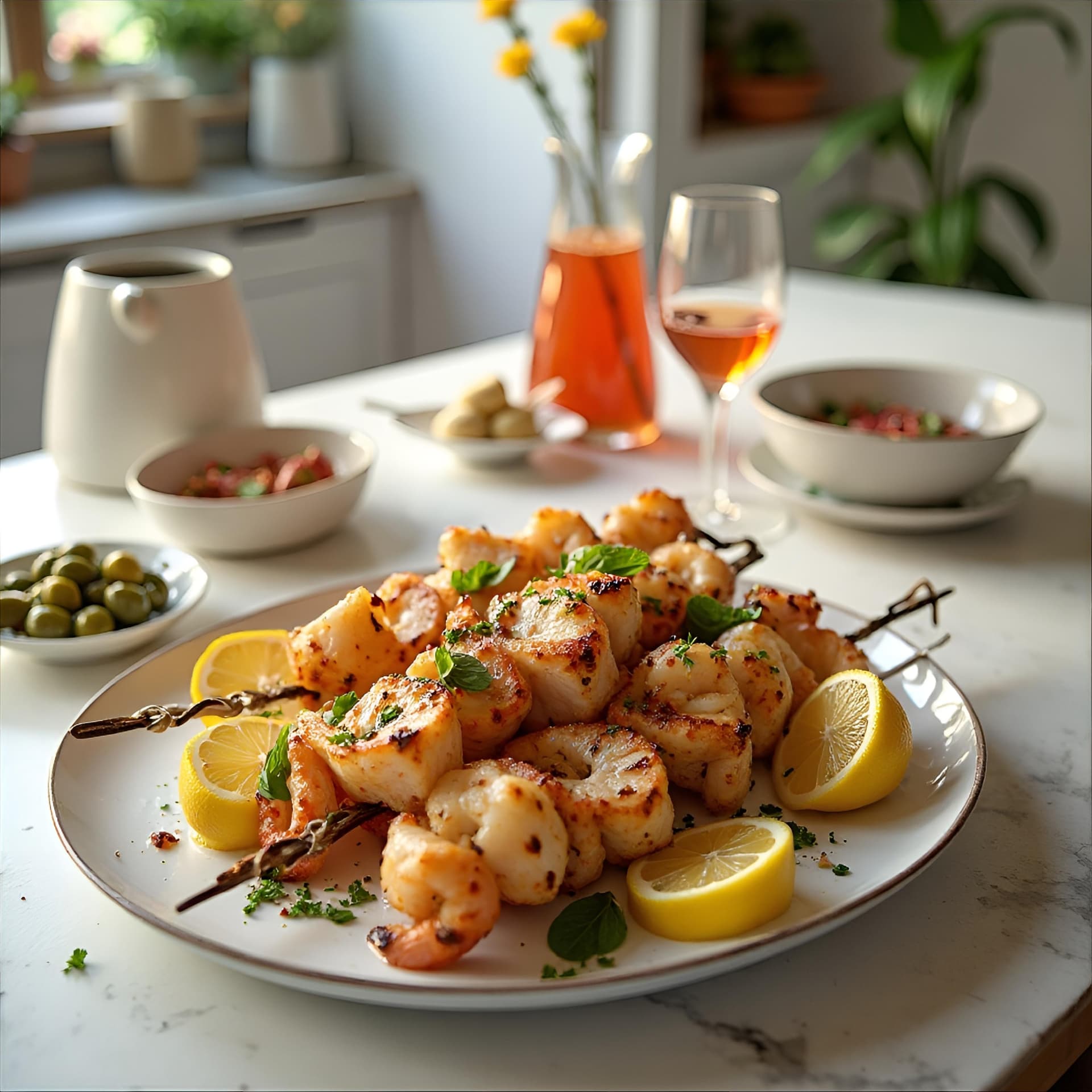 AI generated: beautifully presented grilled seafood skewer platter on a sleek, modern dining table, featuring skew...