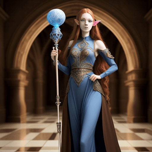AI generated: A half elf female with long deep red hair, hazel brown eyes, pale skin tone, wearing a floor length ...