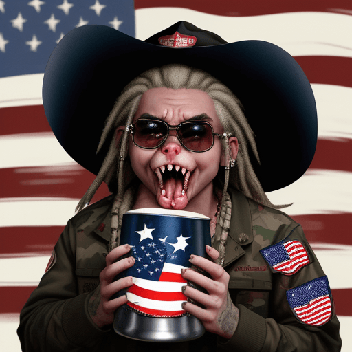 AI generated: an opossum hissing angrily about commies. American flags. Beer. Words to display are "hiss at commie...