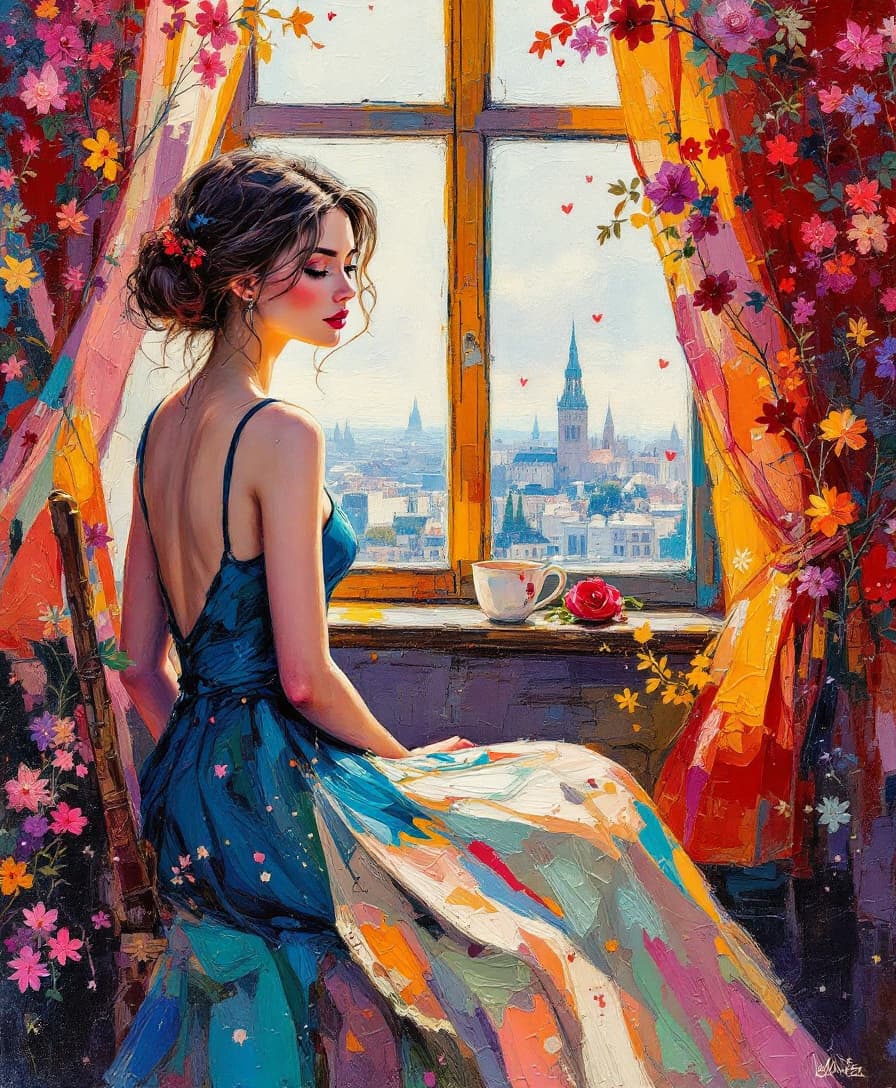 AI generated: a painting of a woman sitting near a window, in the style of beautiful women, playfully intricate, h...