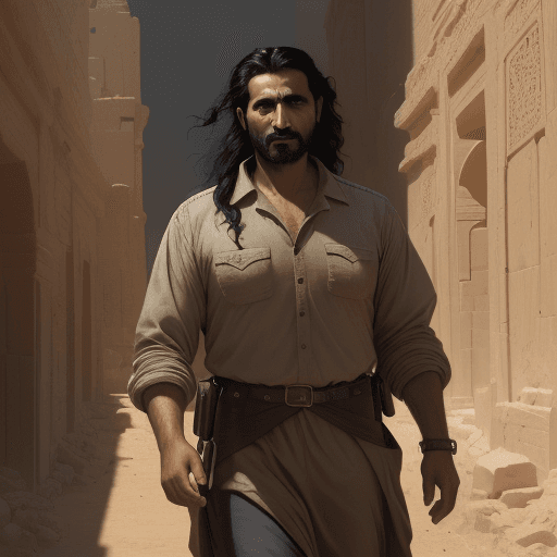 AI generated: new art : a 40 years old arabic man with black hair and archaeologist clothes. satara by johnny tayl...