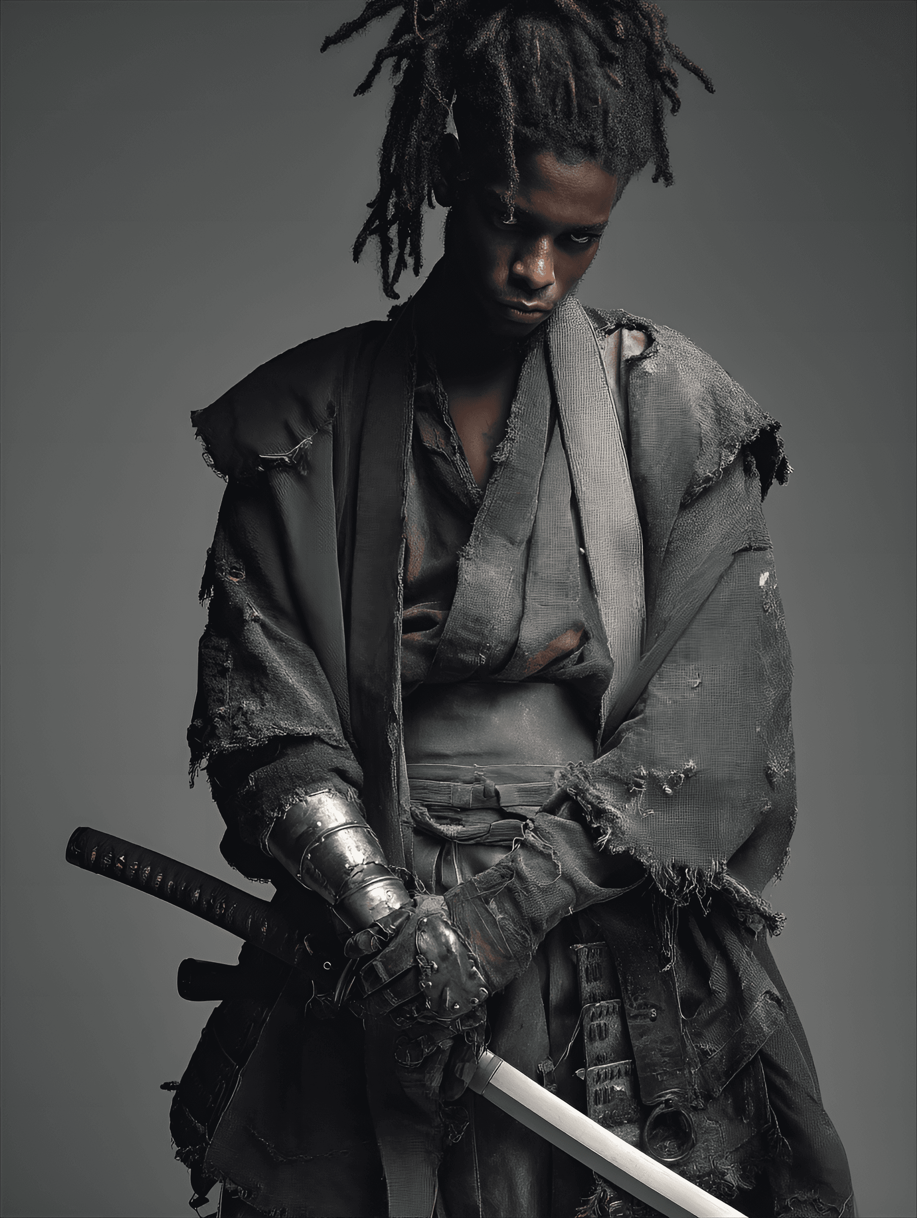 AI generated: Dark-skinned male figure, young adult,  with dreadlocks,  in a distressed,  worn,  dark-gray/denim-s...
