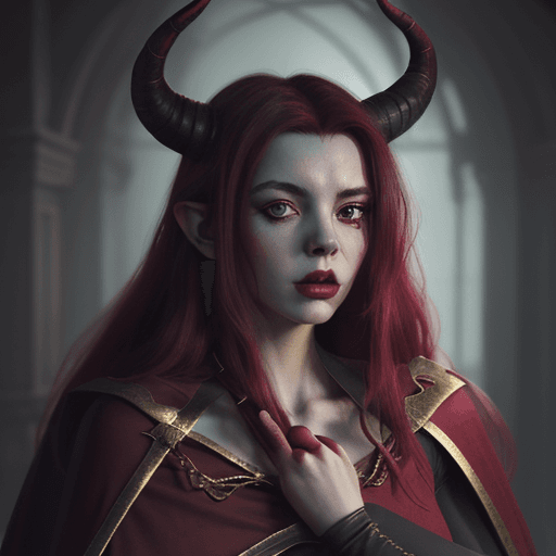 AI generated: painting of a woman with horns and a red cape, tiefling, portrait of demon girl, tiefling female war...
