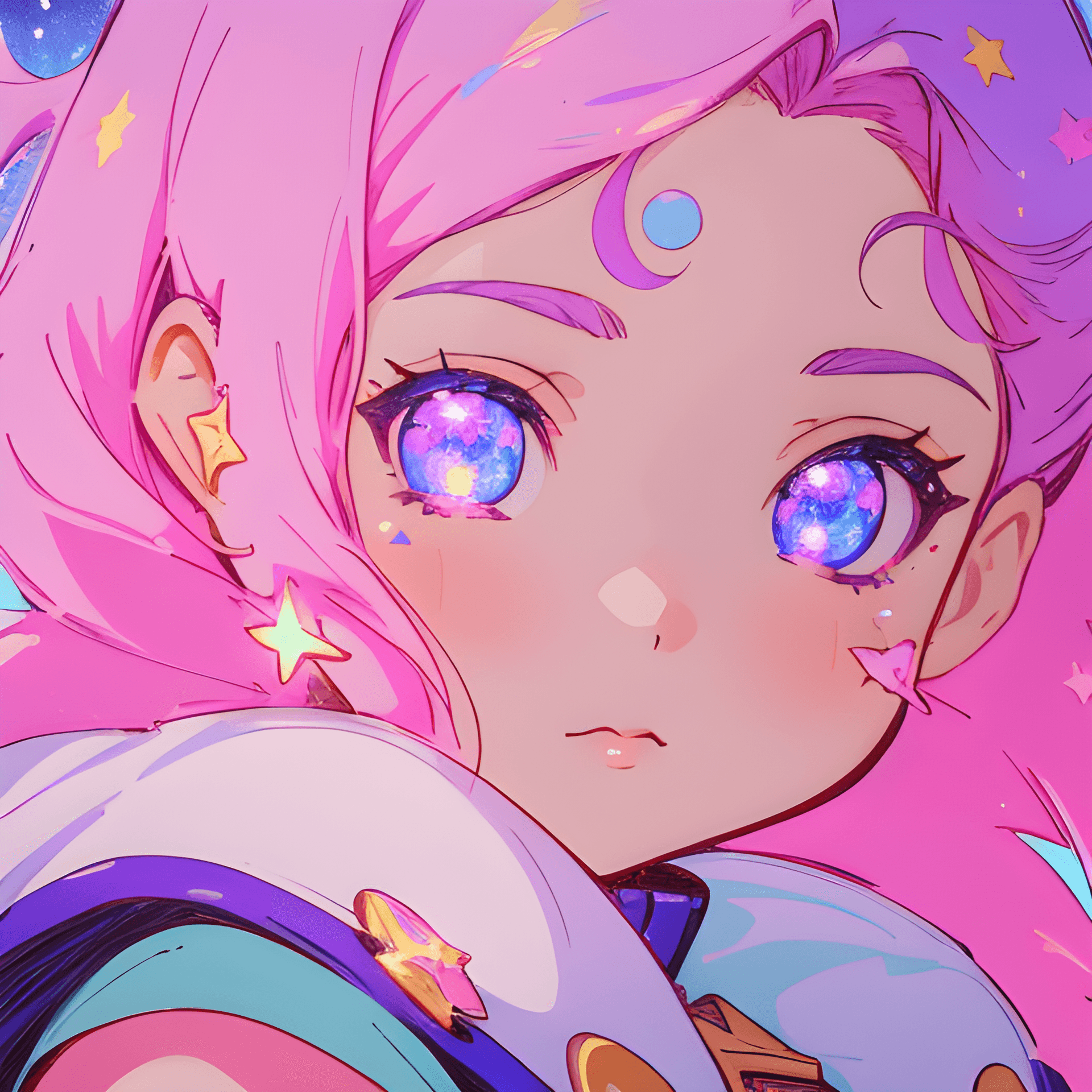 AI generated: a woman with stars on her face, anime vibes, stars in her gazing eyes, loish art style, glowing aest...