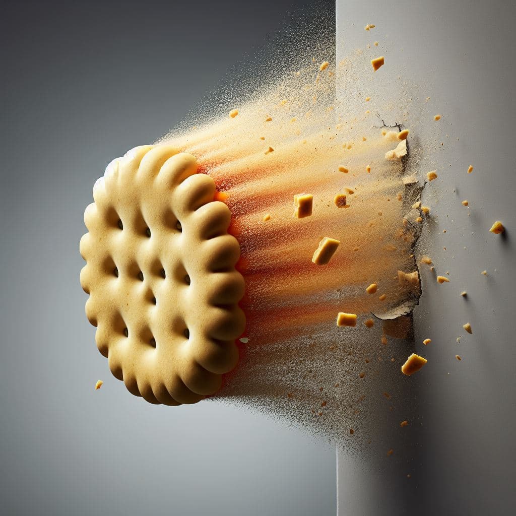AI generated: Highspeed photography of a Ricochet biscuit bouncing off a wall in the moment of impact. The biscuit...