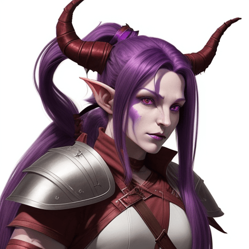AI generated: Adult tiefling with long purple hair tucked into a ponytail, short horns, red skin and wearing simpl...