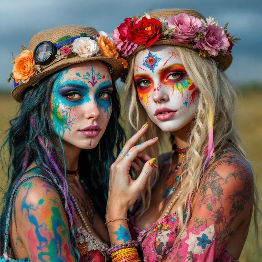 AI generated: Sisters Hippie, bodypainted