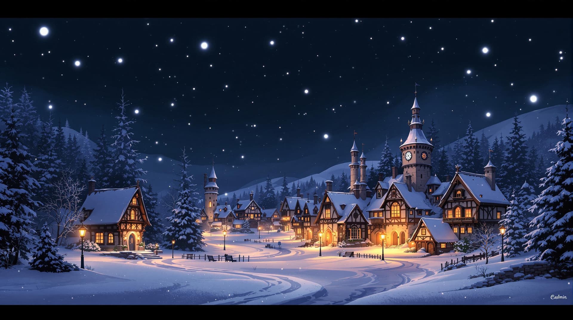 AI generated: a serene and idyllic winter scene, showcasing a quaint medieval village nestled in a snow-covered la...